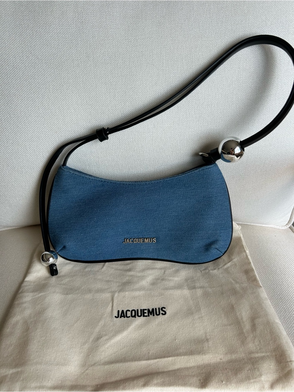Jacquemus Denim Blue Canvas Shoulder Bag with Black Strap
